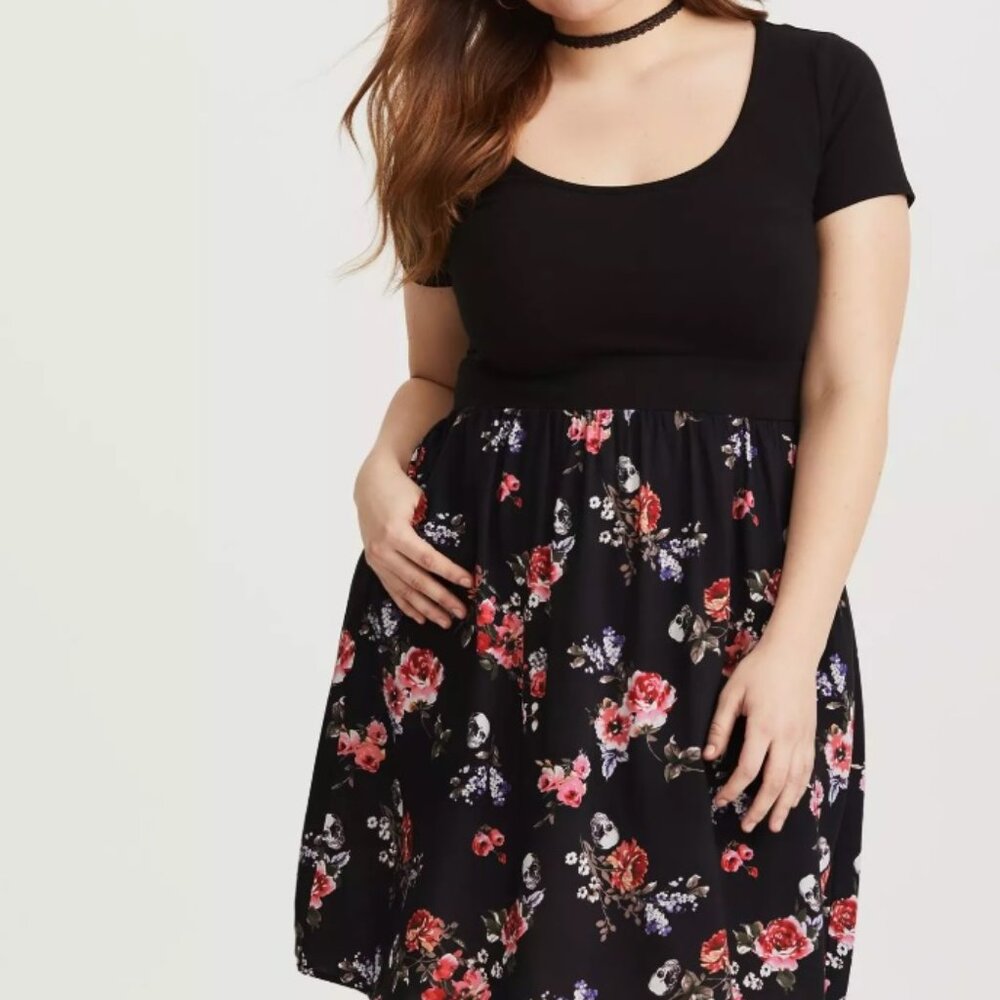 Torrid Mini Challis And Knit Skater Dress- Black Floral and Skull Print 2x